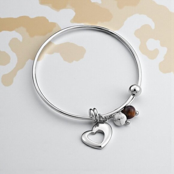 Boho Minimalist Bangle with Heart Tiger's Eye Magnesite Charms 18K Gold Plated - Picture 8 of 13